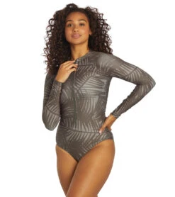Sporti X Stef Corgel Manhattan Beach Palm Shadow Zip Front Long-Sleeve One Piece Swimsuit -Spectrum Xcel Shop 7360963903656 blacksand 4a