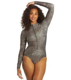 Sporti X Stef Corgel Manhattan Beach Palm Shadow Zip Front Long-Sleeve One Piece Swimsuit -Spectrum Xcel Shop 7360963903656 blacksand 5a