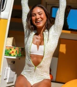 Sporti X Stef Corgel Manhattan Beach Cheetah Zip Front Long-Sleeve One Piece Swimsuit